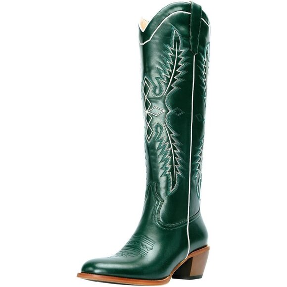 Shoes - Women's Green Mid Calf Cowgirl Western Boot Embroidered Suede Pull On Almond Toe